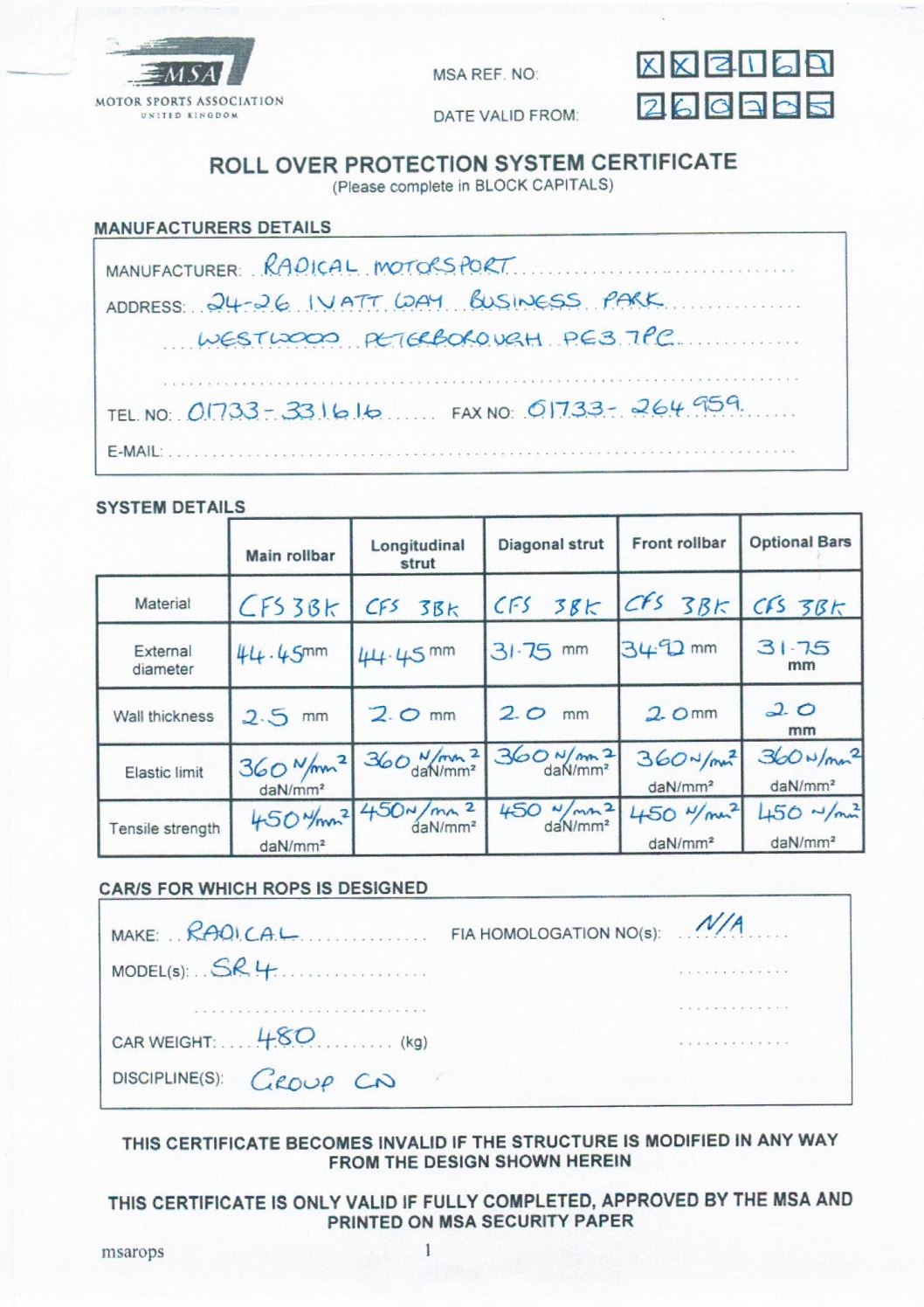 Chassis Certification Documents Radical Sportscar Registry